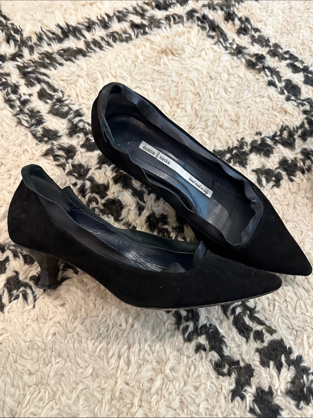 Dusica Sacks Black Suede Pointed Kitten Heels with silk edging